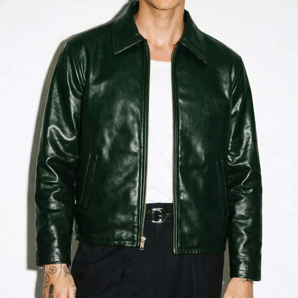 Harmain Leathers men's dark green full grain leather Harrington jacket, front view