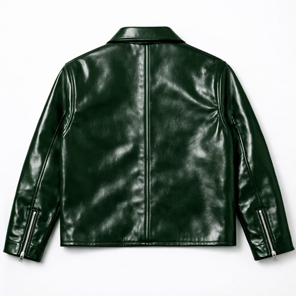 Men's dark green leather Harrington jacket styled with a white t-shirt and denim, Harmain Leathers