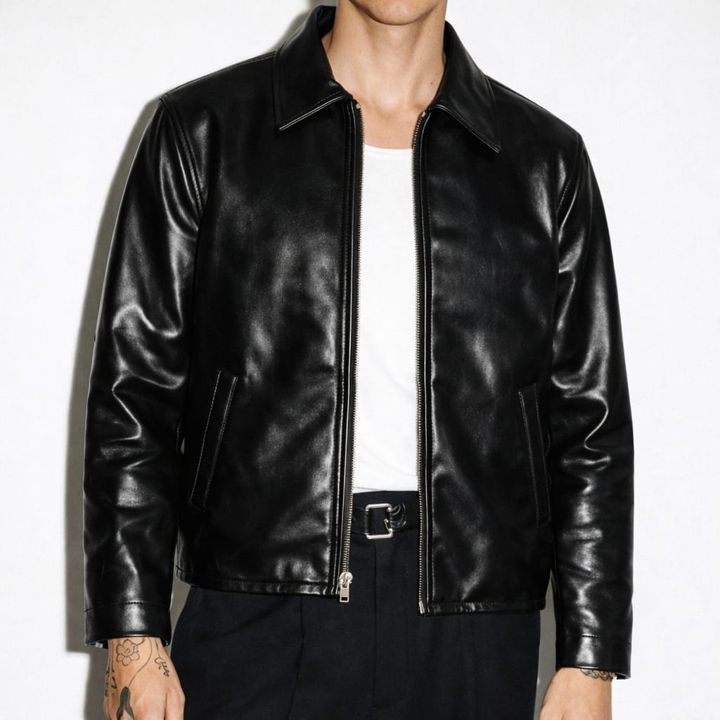 Harmain Leathers Men's Black Leather The Harrington: Full-grain Leather Blouson in Onyx Black, front view