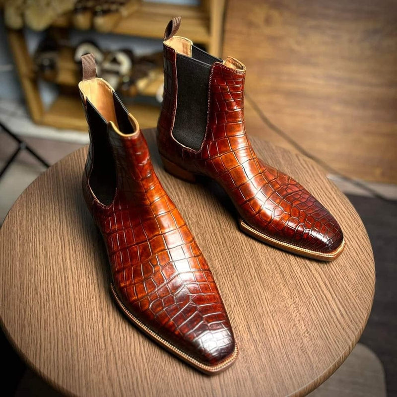 Harmain Leathers Men's Brown Leather Men’s Handcrafted Brown Alligator-embossed Leather Chelsea Boots – Premium Dress...