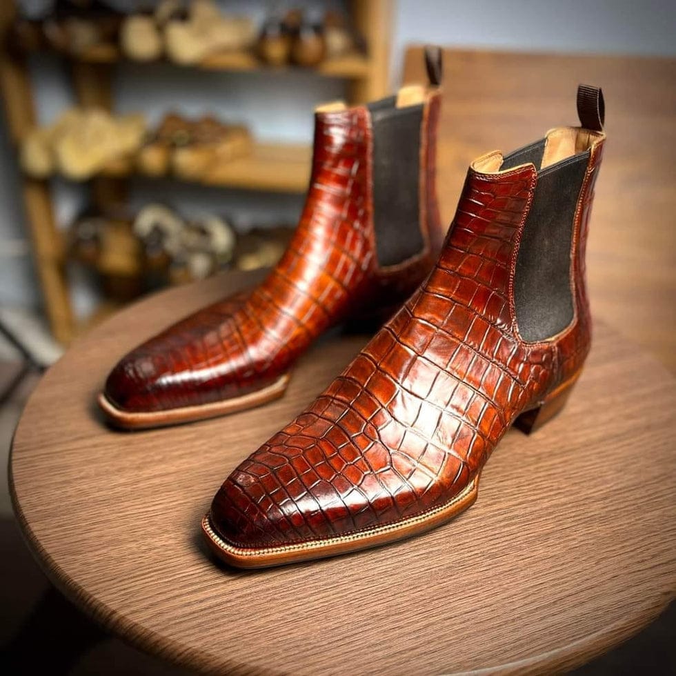 Men’s Handcrafted Brown Alligator-Embossed Leather Chelsea Boots – Premium Dress Boots