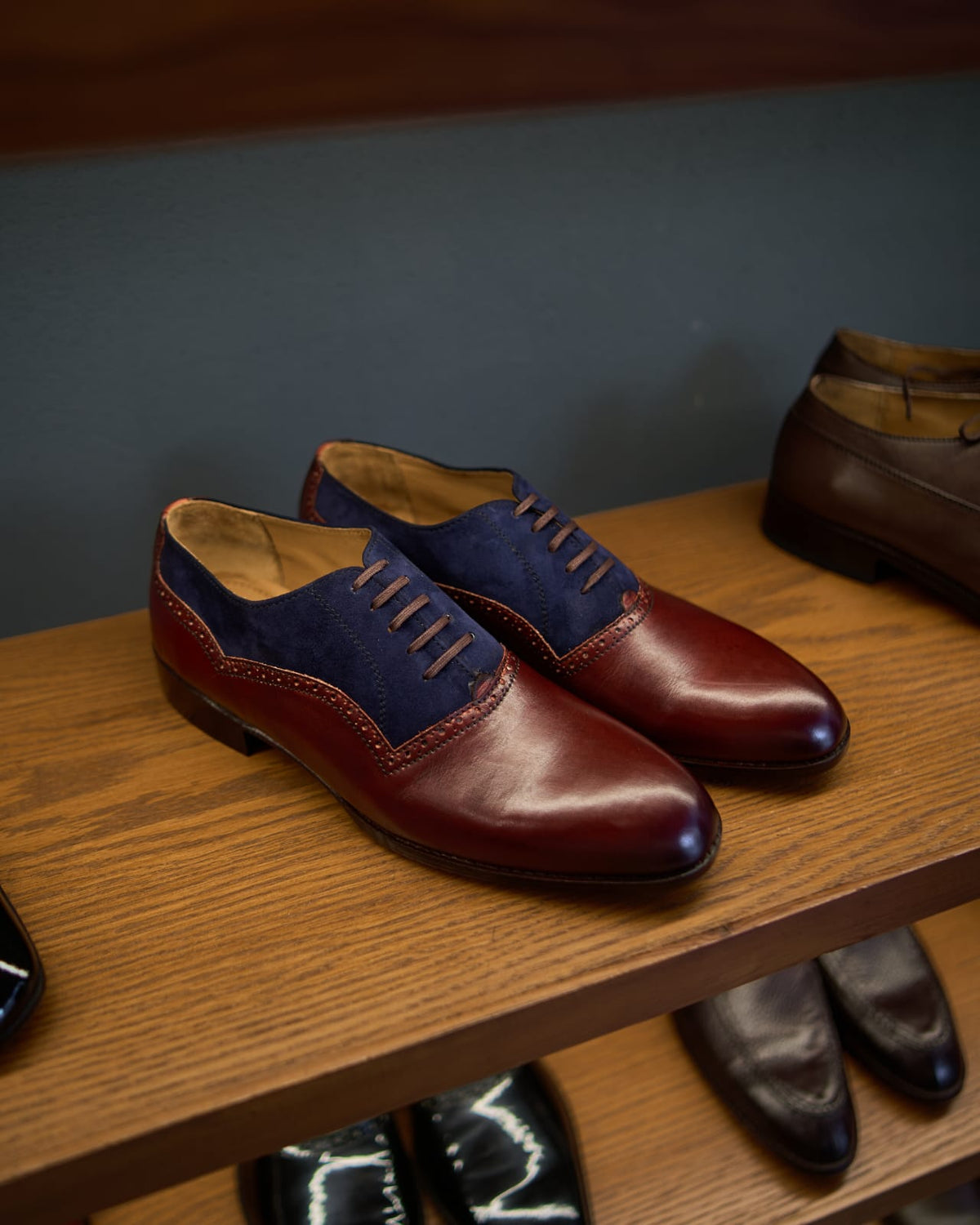 Men's Navy & Brown Hand-Burnished Two-Tone Oxfords | Deep Cherry & Navy Suede styled casually, Harmain Leathers