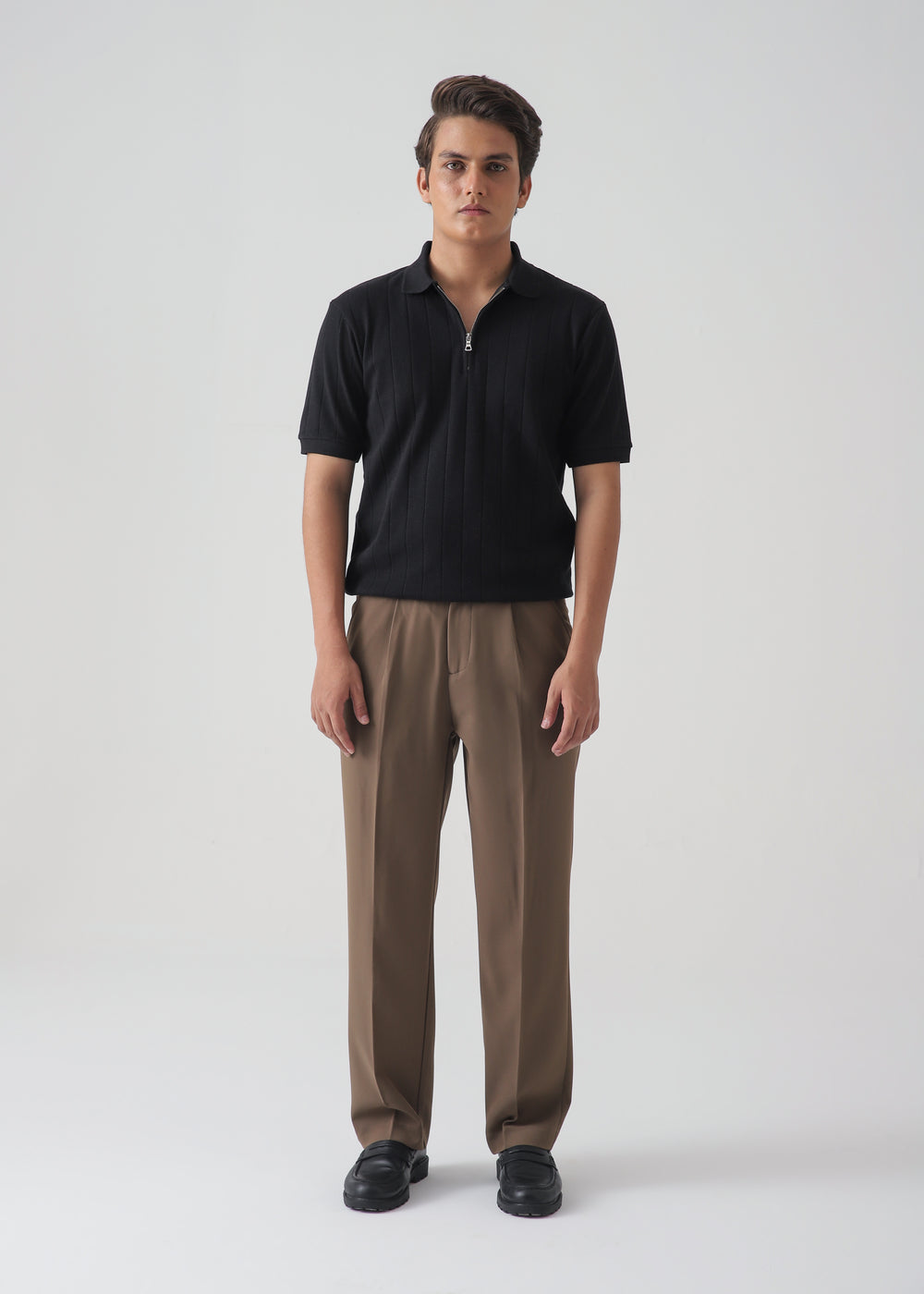 Men's Black Ribbed Knit Zip Polo Shirt | Slim Fit Textured Top