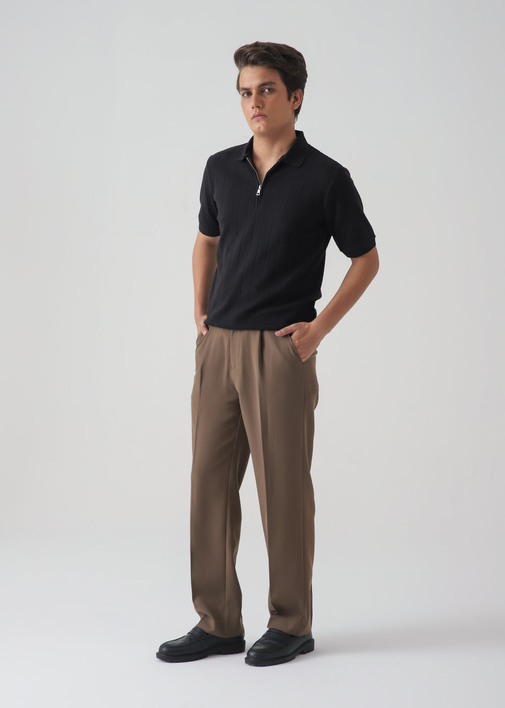 Men's Black Ribbed Knit Zip Polo Shirt | Slim Fit Textured Top