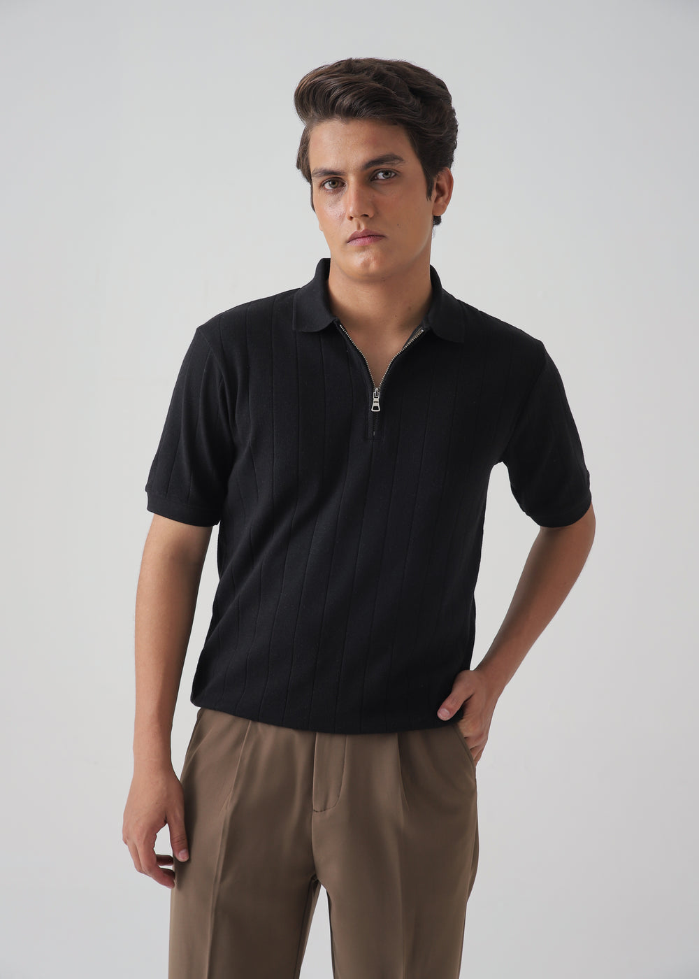 Men's Black Men's Black Ribbed Knit Zip Polo Shirt | Slim Fit Textured Top styled with chinos, Harmain Leathers