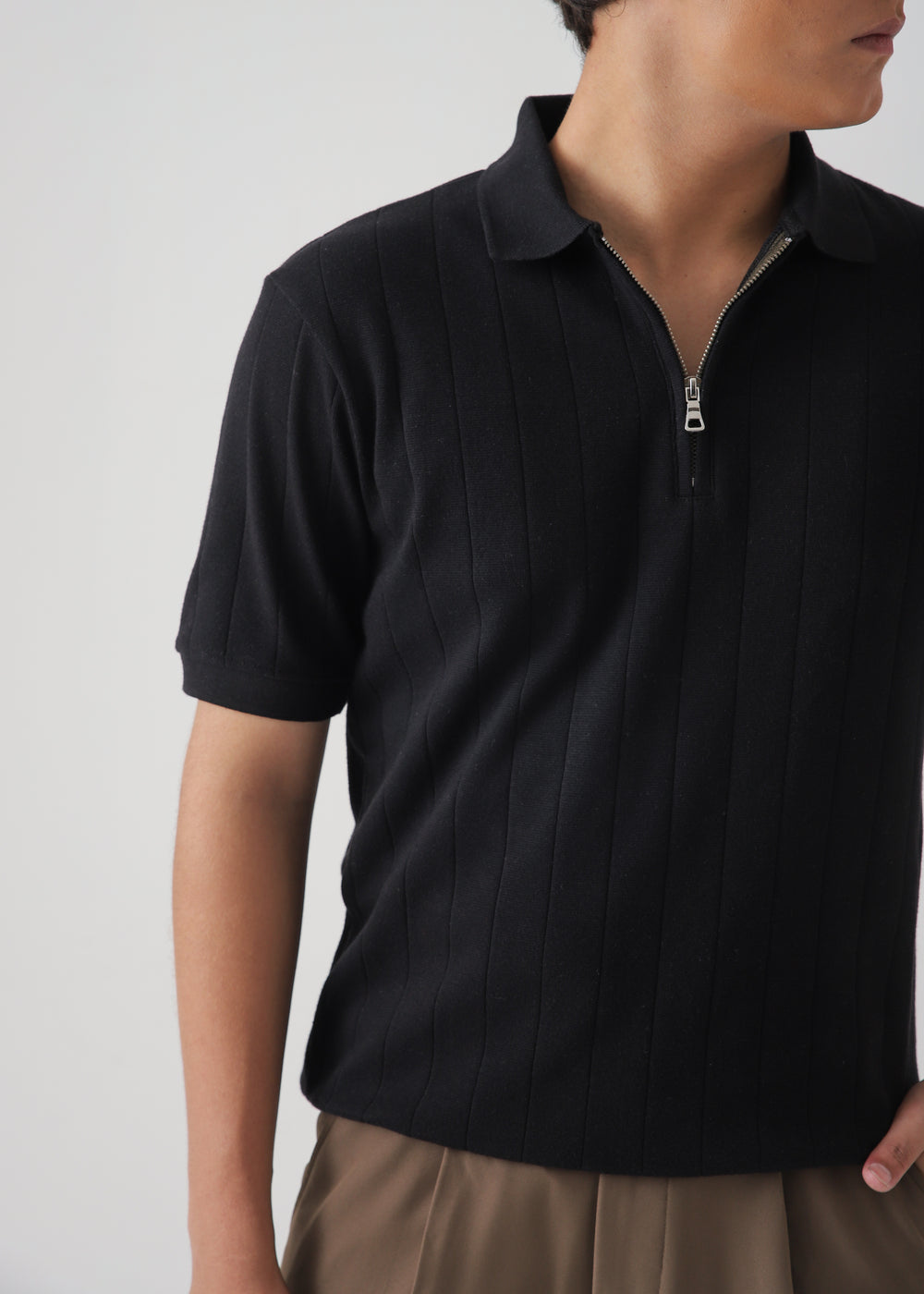 Men's Black Ribbed Knit Zip Polo Shirt | Slim Fit Textured Top