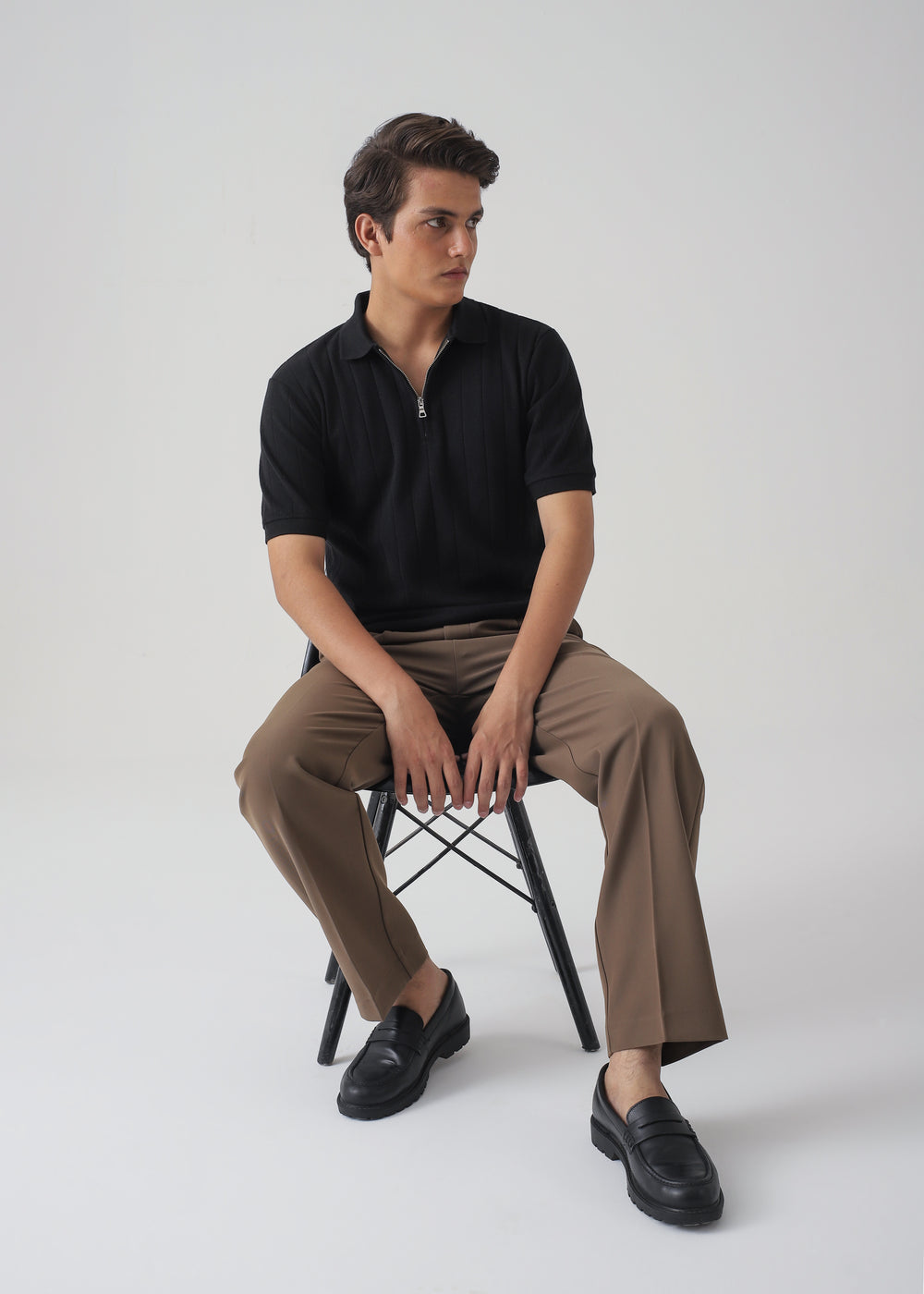 Men's Black Ribbed Knit Zip Polo Shirt | Slim Fit Textured Top