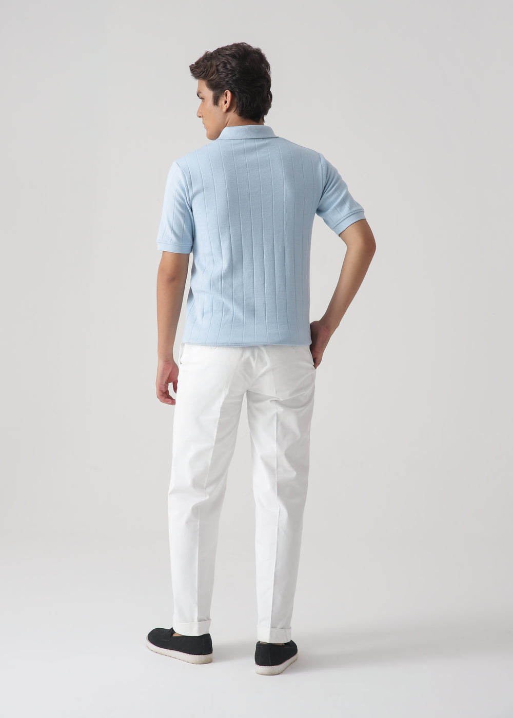 Men's Light Blue Ribbed Knit Zip Polo Shirt | Slim Fit Textured Polo