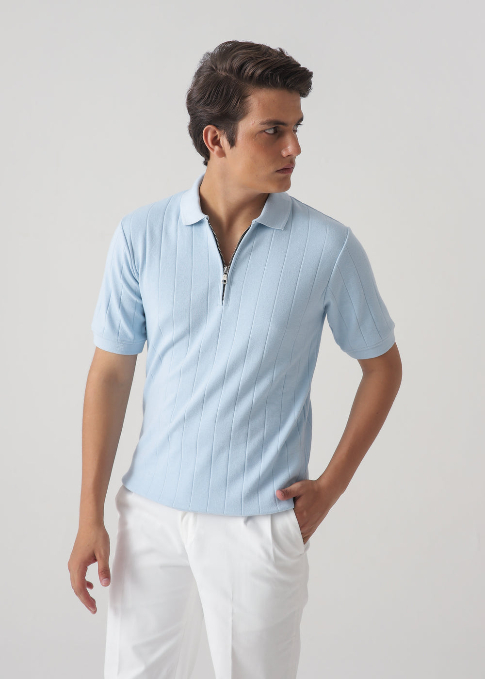 Men's Light Blue Ribbed Knit Zip Polo Shirt | Slim Fit Textured Polo