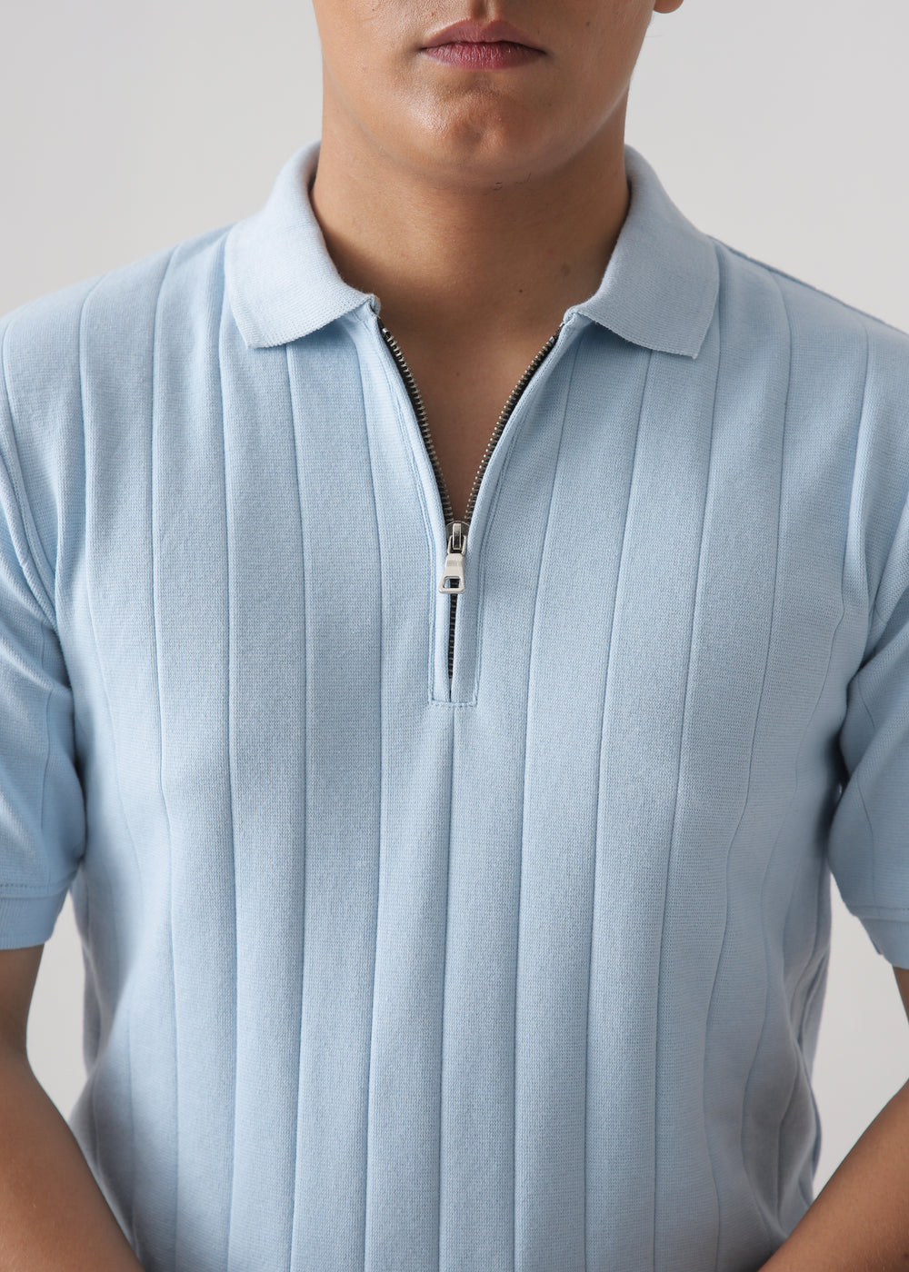 Harmain Leathers Unisex Signature Men's Light Blue Ribbed Knit Zip Polo Shirt | Slim Fit Textured Polo, front view