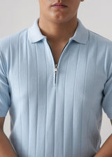 Signature Light Blue Ribbed Knit Zip Polo Shirt