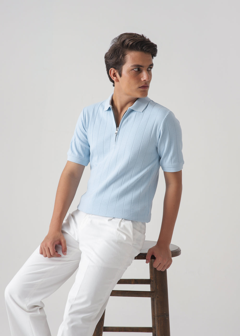 Men's Light Blue Ribbed Knit Zip Polo Shirt | Slim Fit Textured Polo