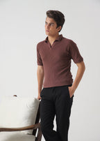 Men's Brown Ribbed Knit Polo Shirt | Terracotta Slim Fit Polo Top
