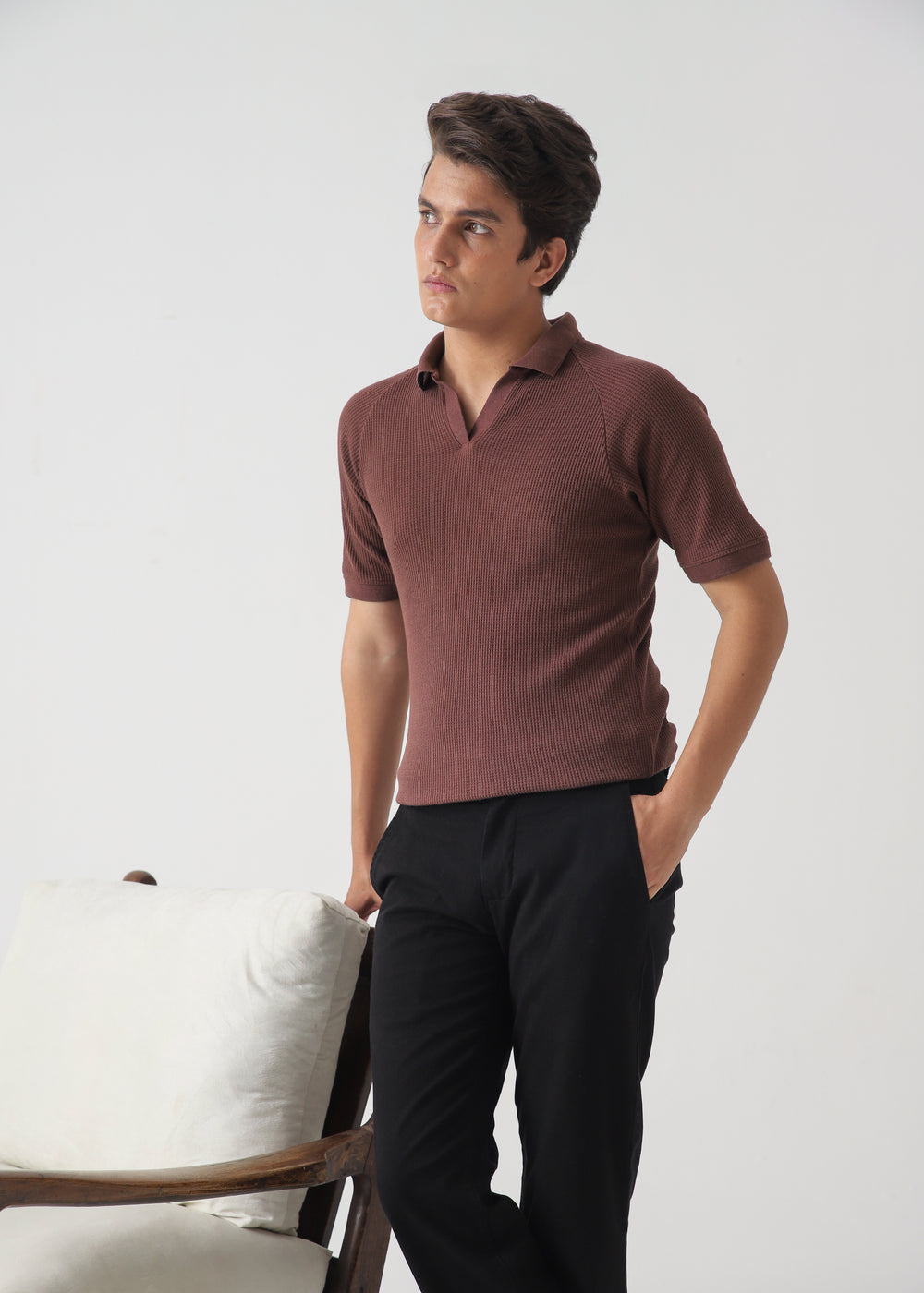 Men's Brown Ribbed Knit Polo Shirt | Terracotta Slim Fit Polo Top