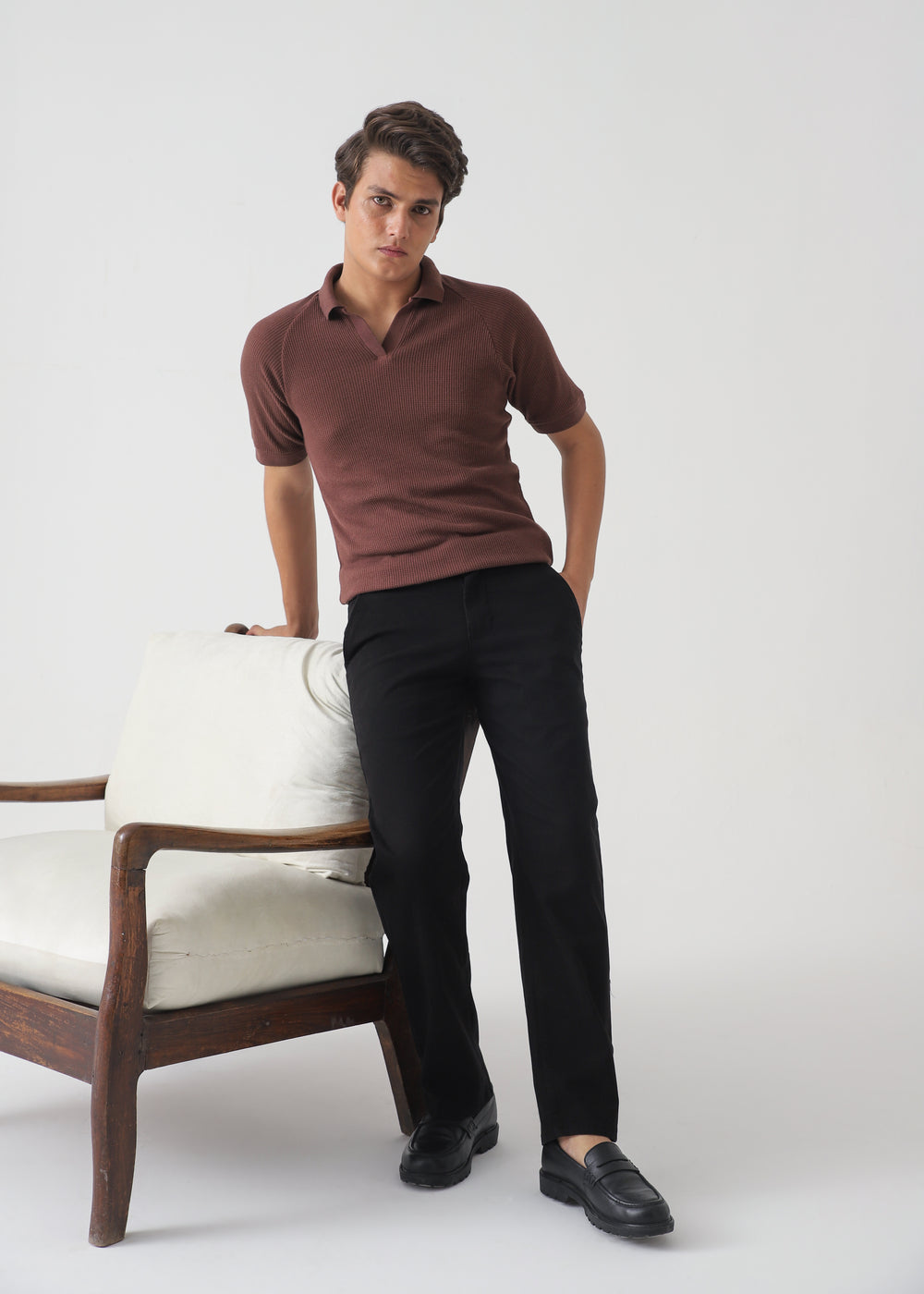 Men's Brown Ribbed Knit Polo Shirt | Terracotta Slim Fit Polo Top