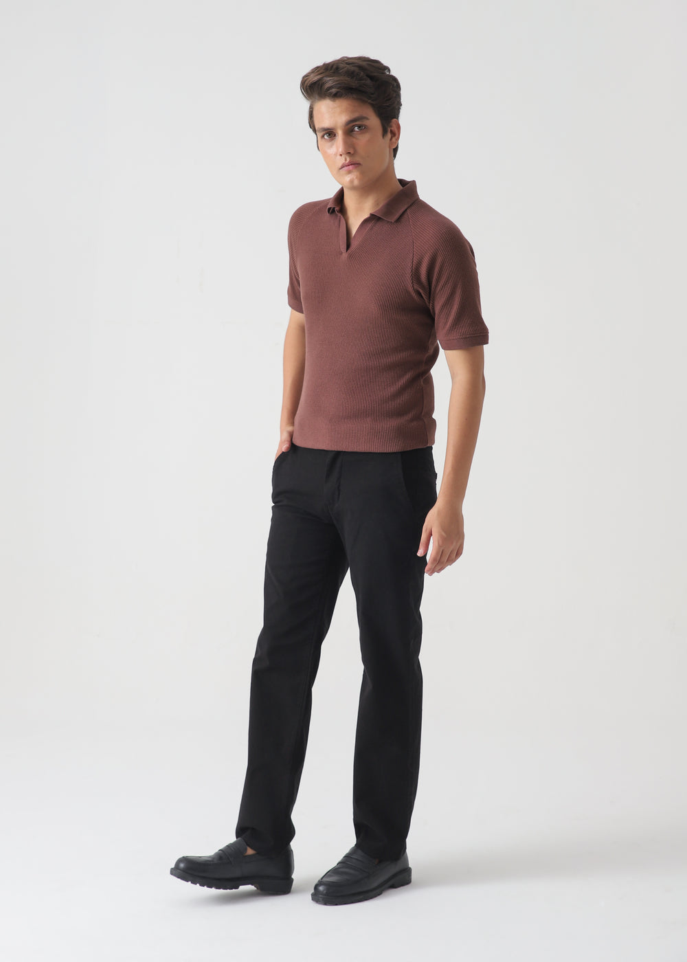 Men's Brown Ribbed Knit Polo Shirt | Terracotta Slim Fit Polo Top