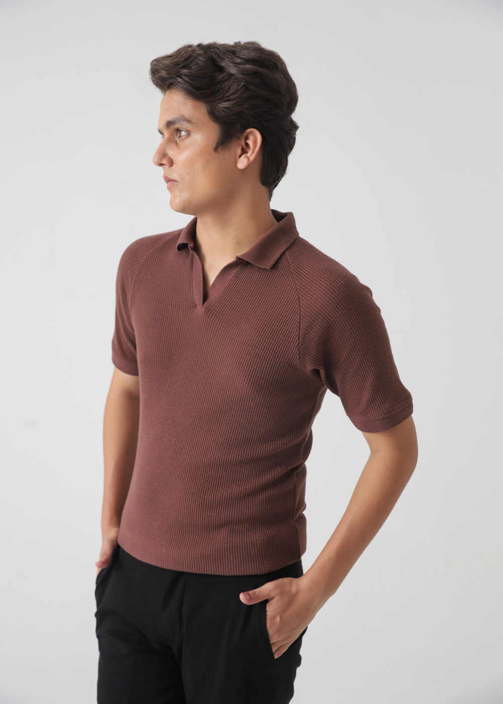 Men's Brown Ribbed Knit Polo Shirt | Terracotta Slim Fit Polo Top