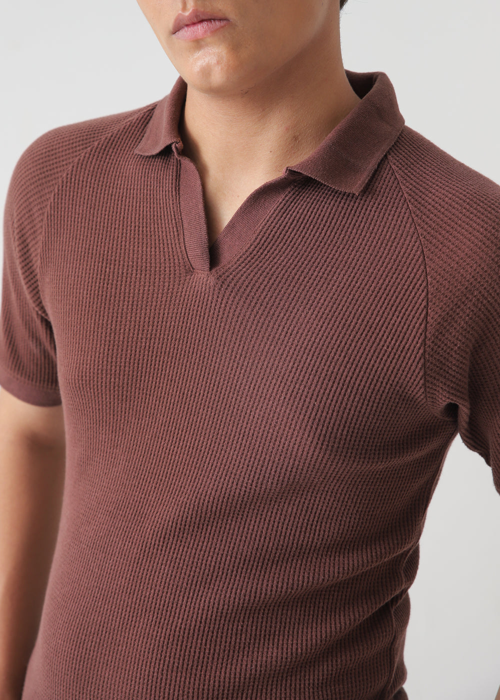 Harmain Leathers Men's Brown Men's Brown Ribbed Knit Polo Shirt | Terracotta Slim Fit Polo Top, front view