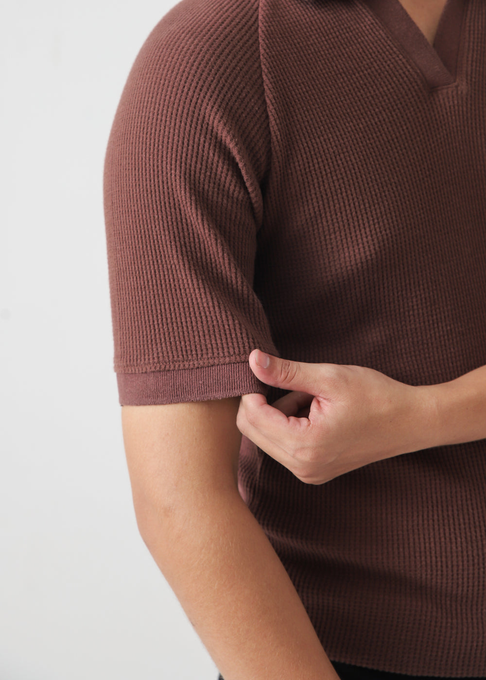Men's Brown Men's Brown Ribbed Knit Polo Shirt | Terracotta Slim Fit Polo Top styled with chinos, Harmain Leathers
