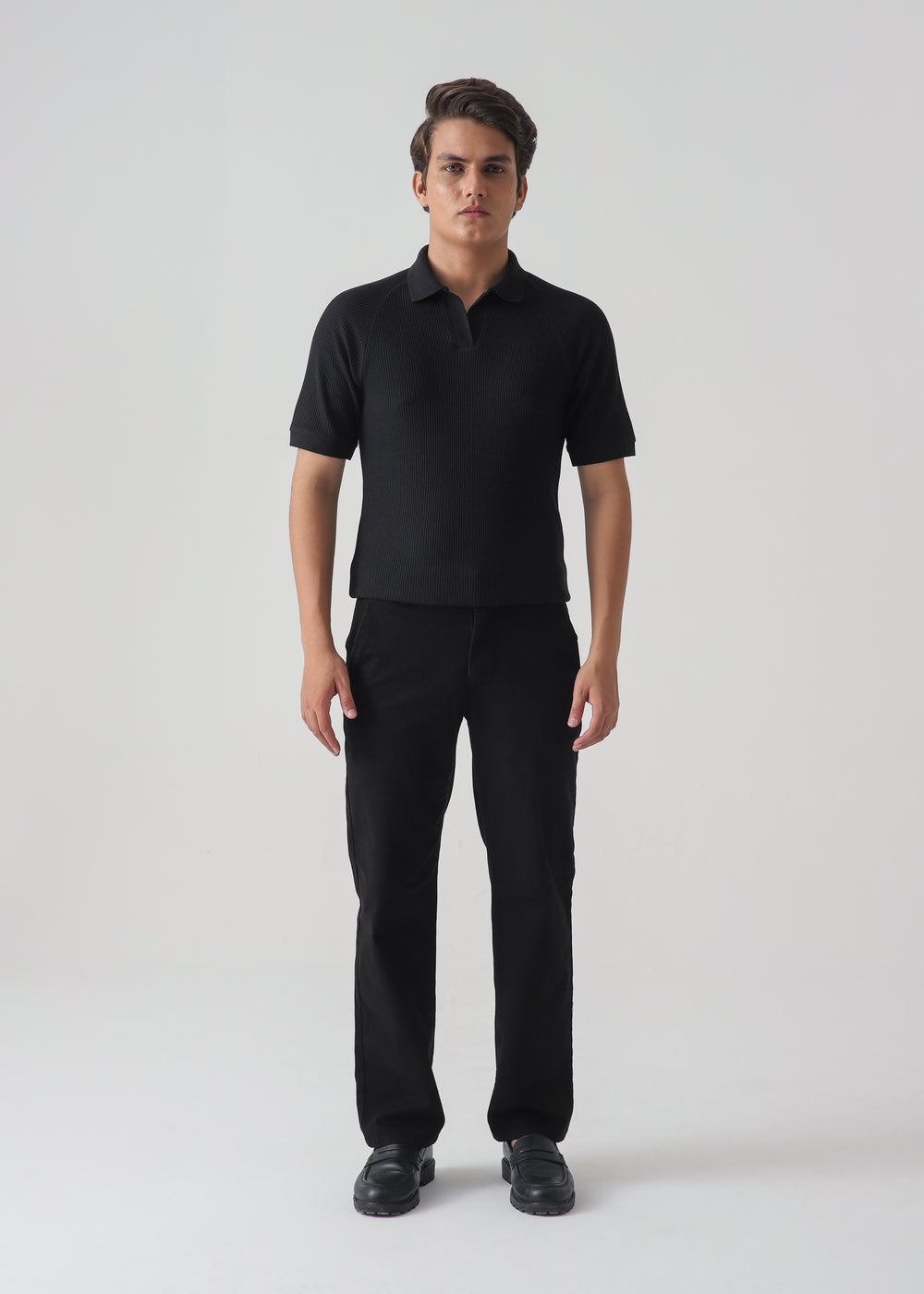 Men's Black Ribbed Knit Polo Shirt | Slim Fit Smart Casual Top