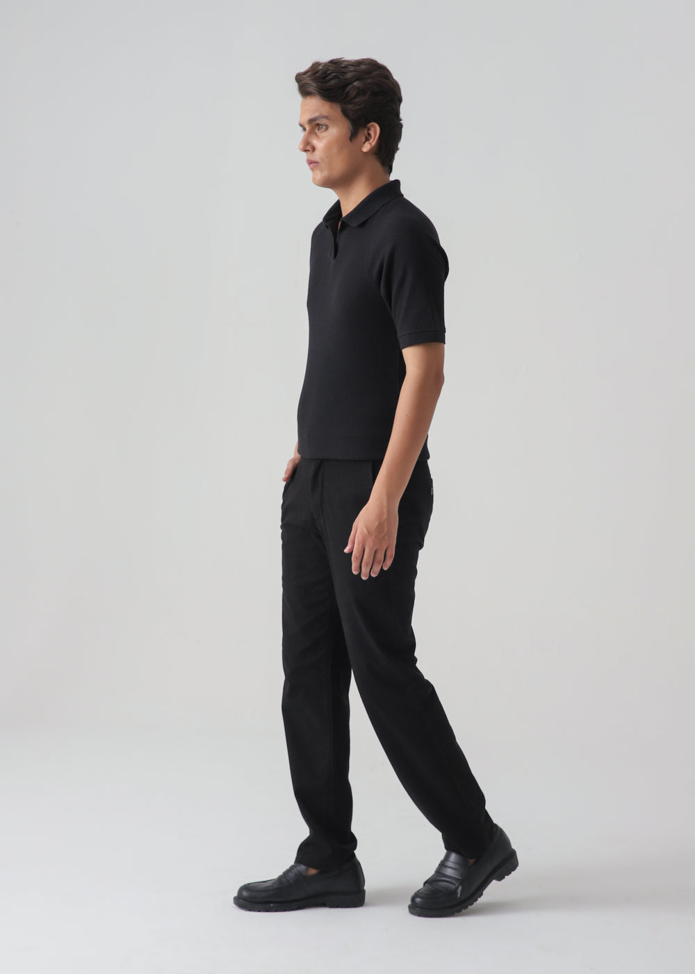 Men's Black Ribbed Knit Polo Shirt | Slim Fit Smart Casual Top