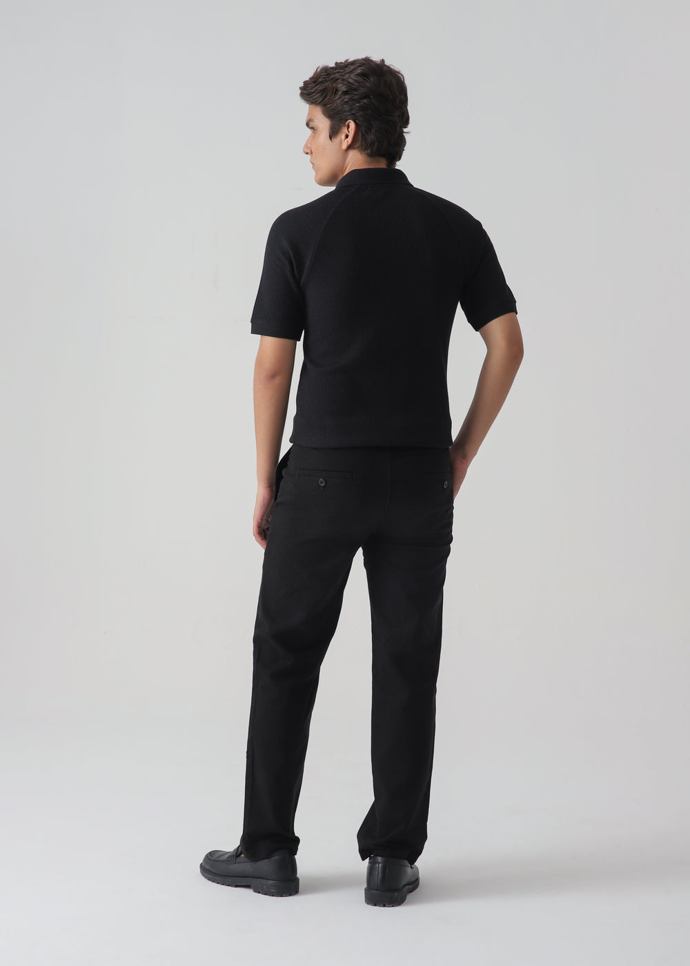 Men's Black Ribbed Knit Polo Shirt | Slim Fit Smart Casual Top