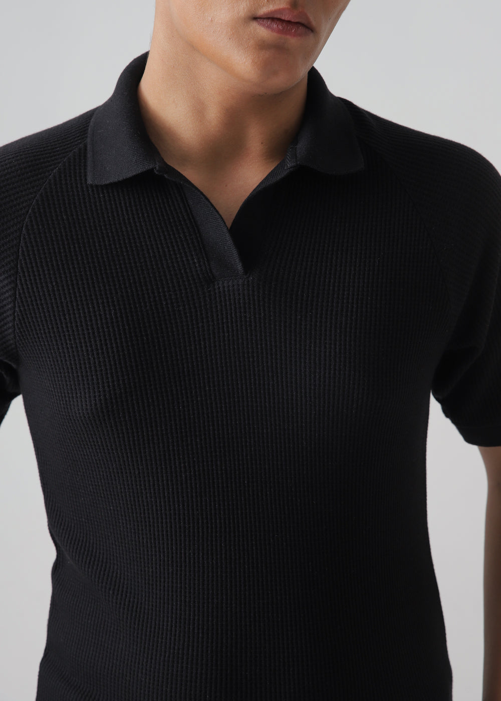 Men's Black Ribbed Knit Polo Shirt | Slim Fit Smart Casual Top