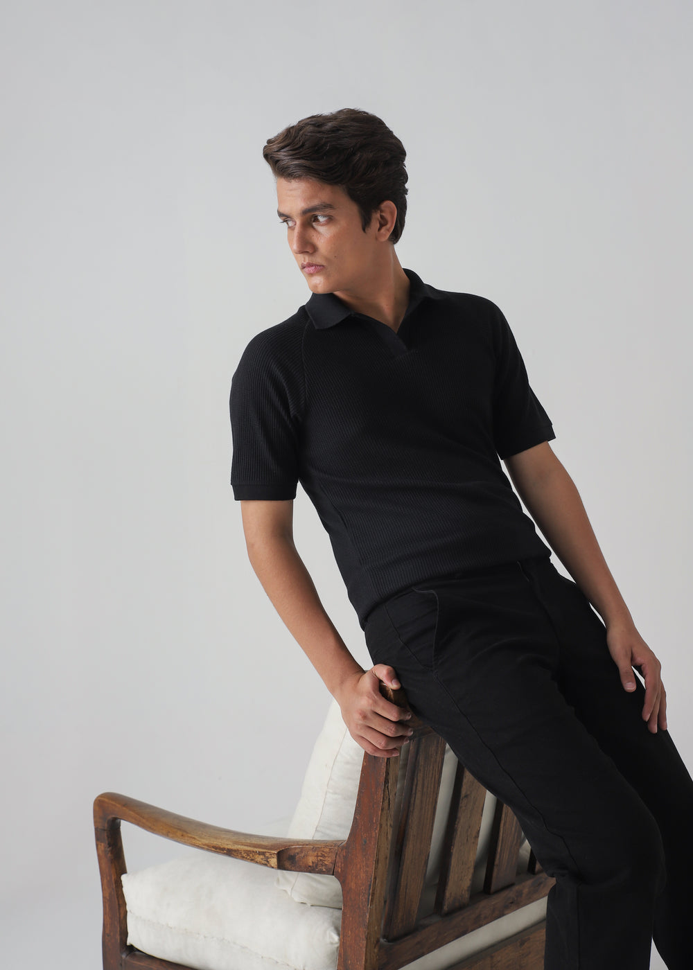 Men's Black & Brown & White & Blue Men's Black Ribbed Knit Polo Shirt | Slim Fit Smart Casual Top styled with chinos,...