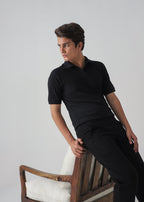 Men's Black Ribbed Knit Polo Shirt | Slim Fit Smart Casual Top