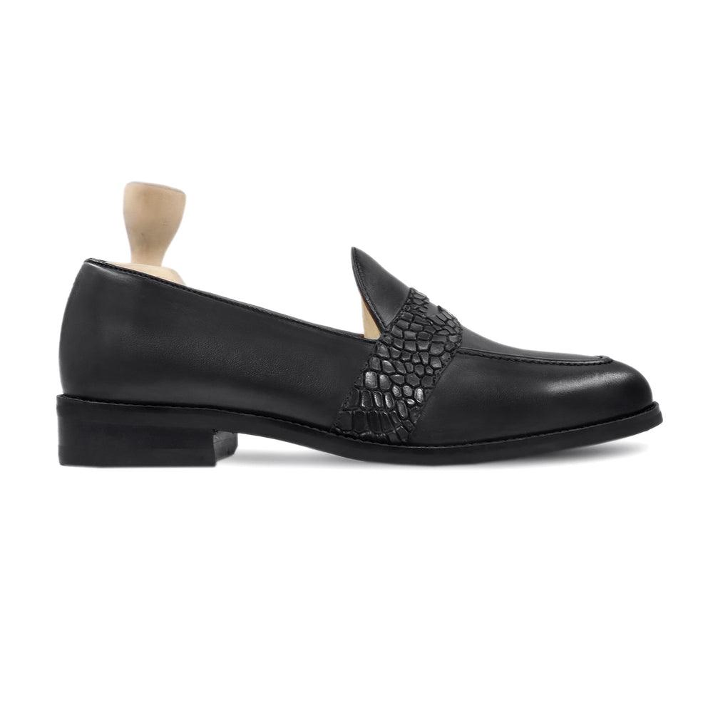 Side profile of Harmain Leathers Men's Black Leather Black Leather with Croc Textured Band