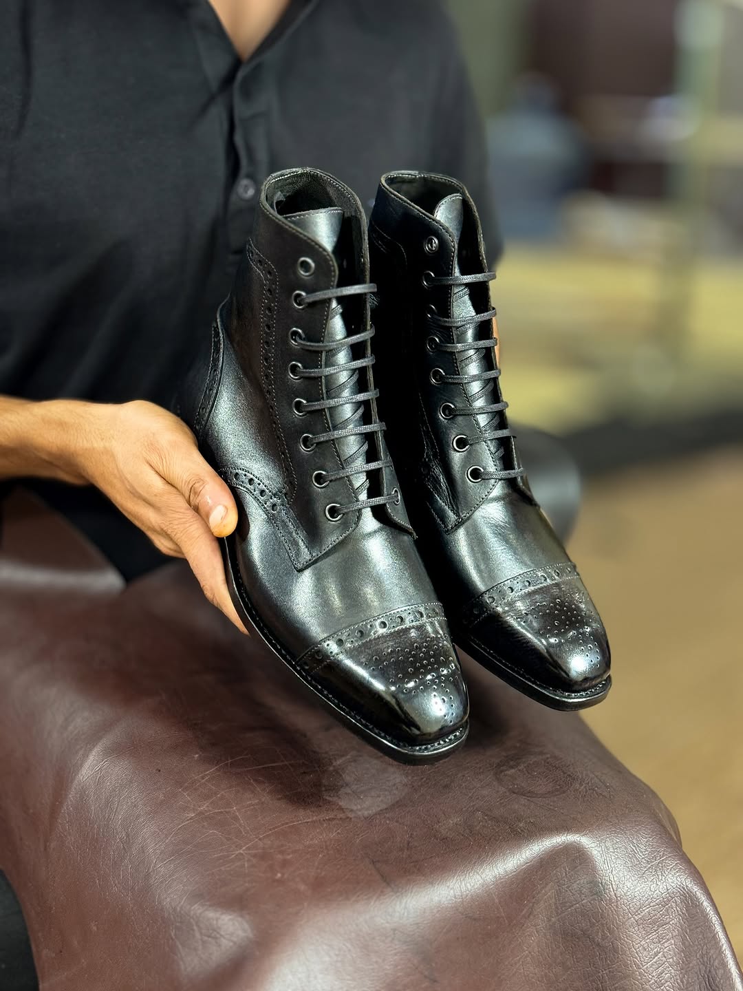 Men's Black The London Black Brogue Boot - Handcrafted Leather styled with denim, Harmain Leathers