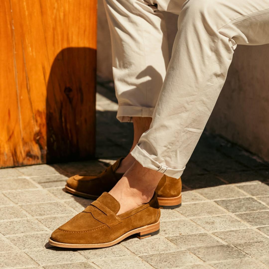 Harmain Leathers Men's Brown Suede And  Leather And  Rubber Light Brown Suede Penny Loafers, front view