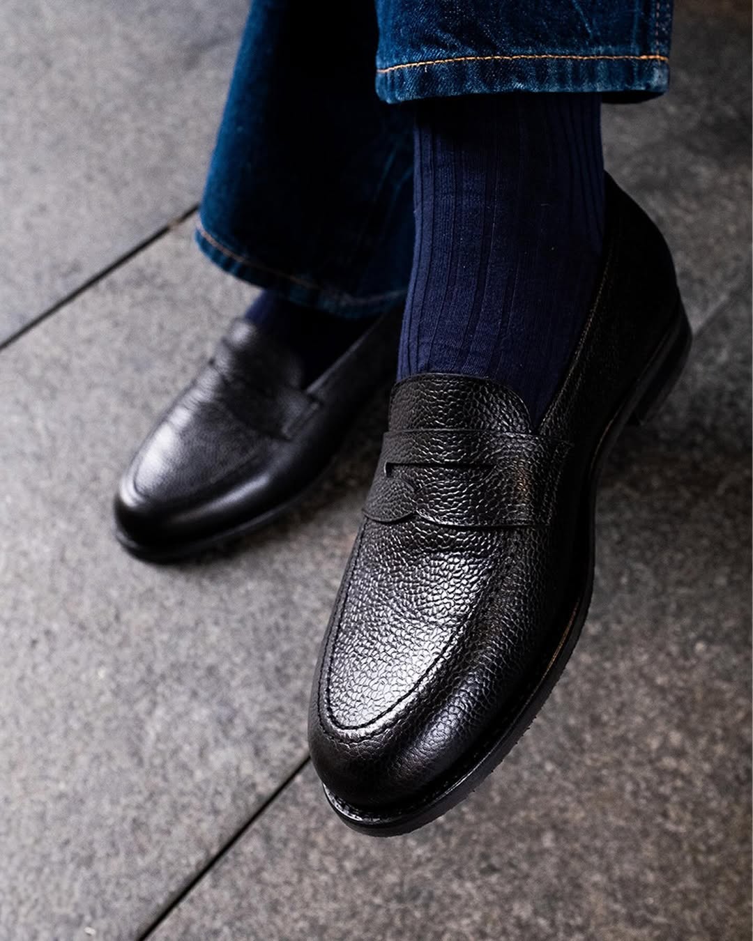 Black Leather Penny Loafers | Pebble Grain