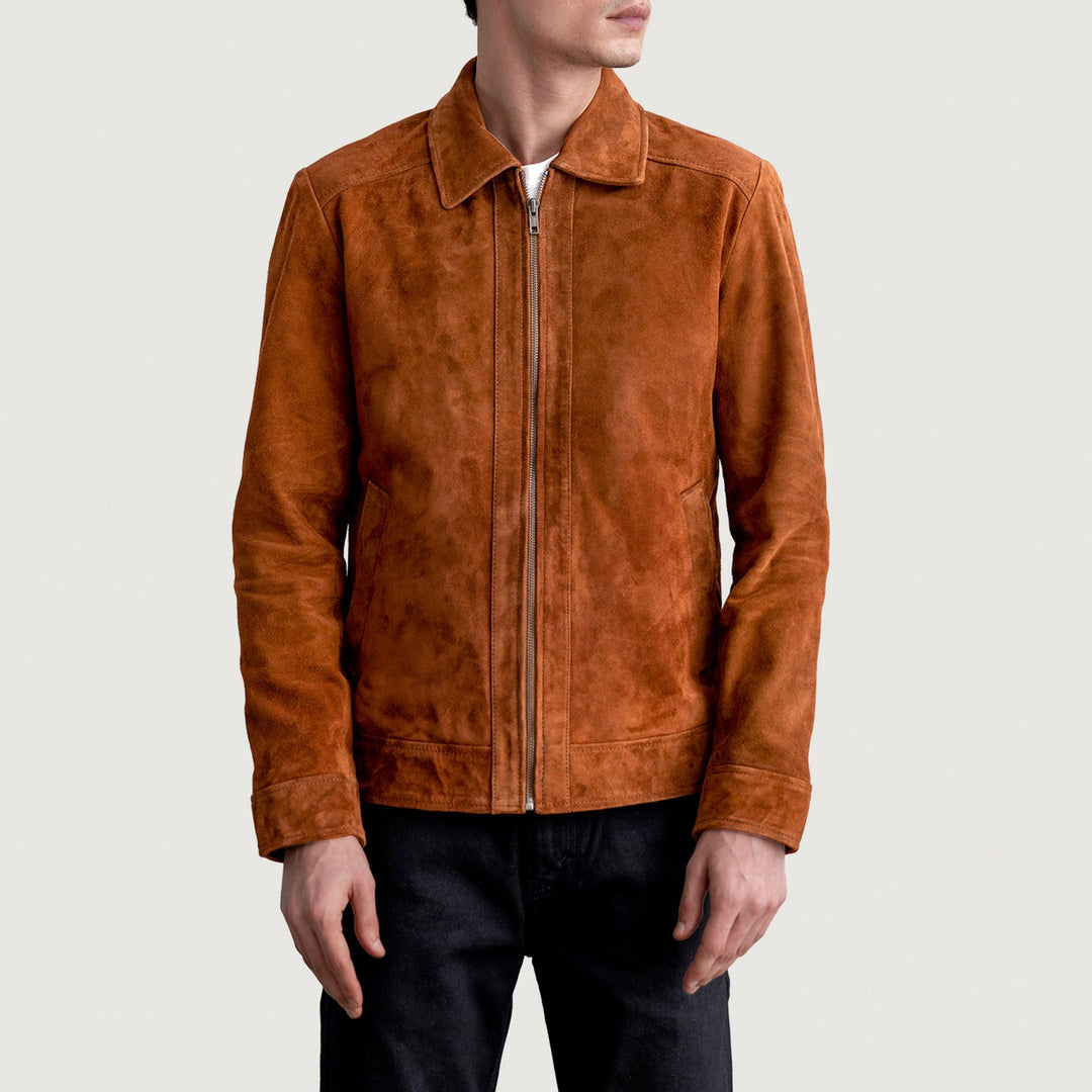 Men's Brown Men's Brown Suede Leather Jacket styled open over an outfit, Harmain Leathers