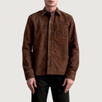 Tilted back view of the men's mocha brown suede leather shirt jacket, highlighting the back yoke and stitching.