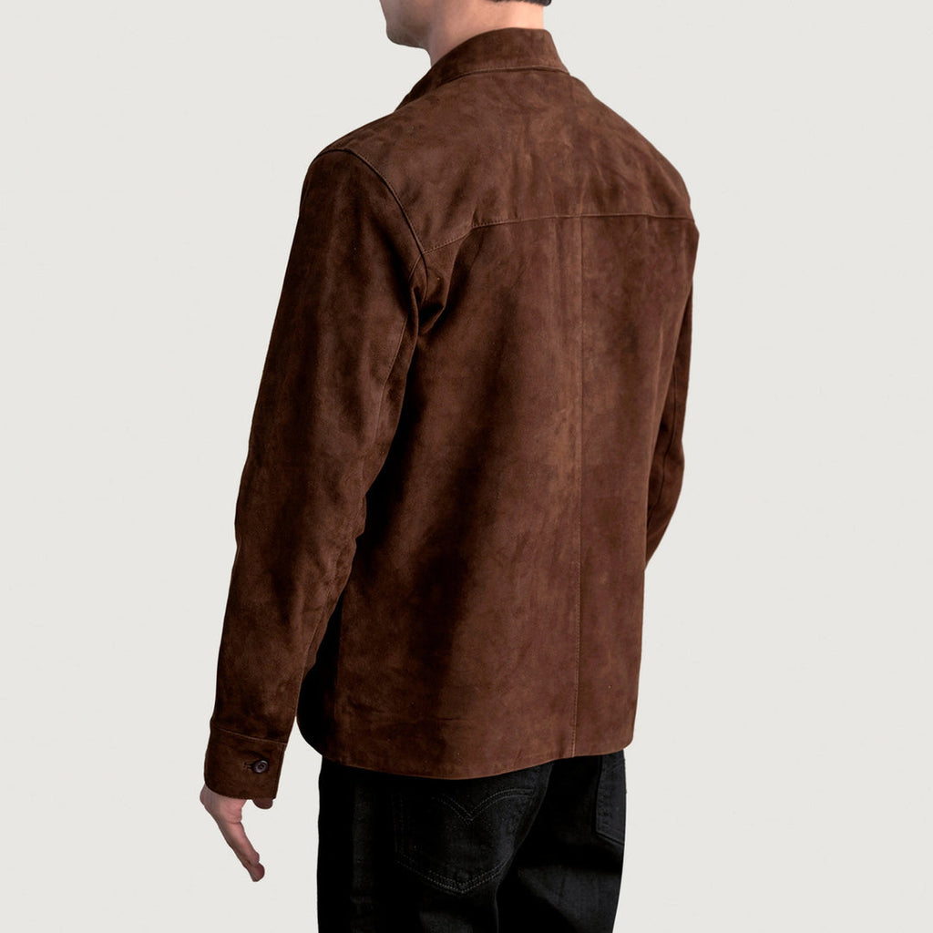 Tilted back view of the men's mocha brown suede leather shirt jacket, highlighting the back yoke and stitching.