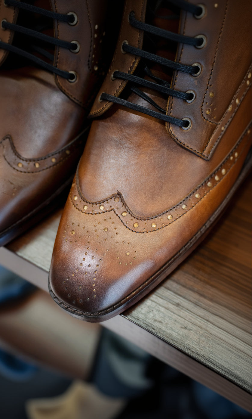 Men’s Hand-Burnished Leather Wingtip  Boots