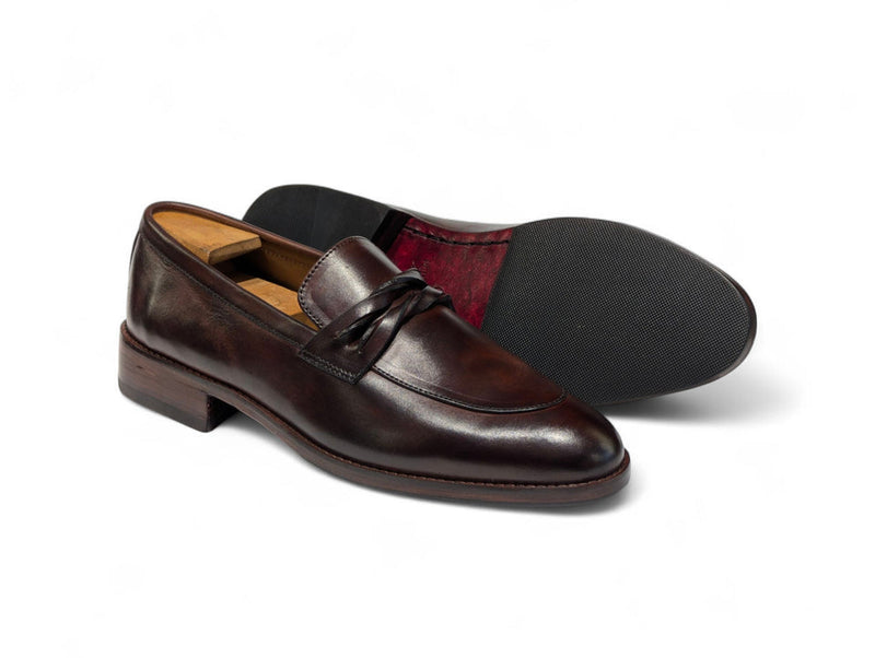 Harmain Leathers Men's Brown Leather Hand-Burnished Espresso Leather Braided Strap Loafers, front view