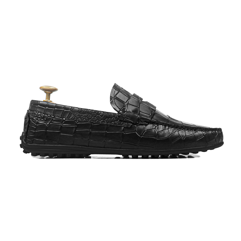 Airox-Black Crocodile-Effect Leather Driving Loafers
