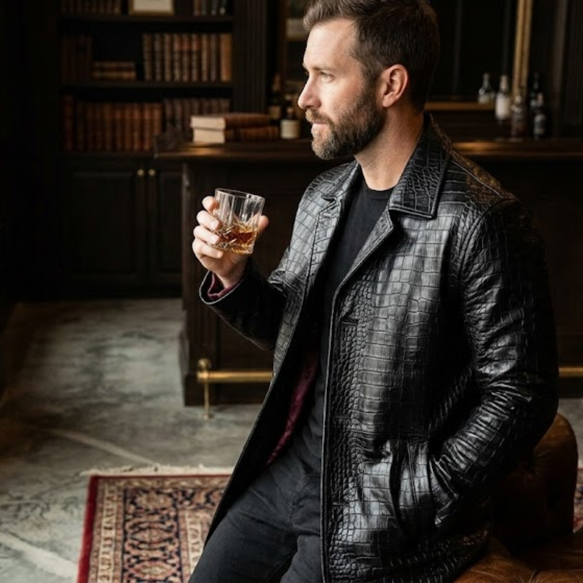 Black crocodile embossed leather car coat for men styled open over a suit jacket, Harmain Leathers