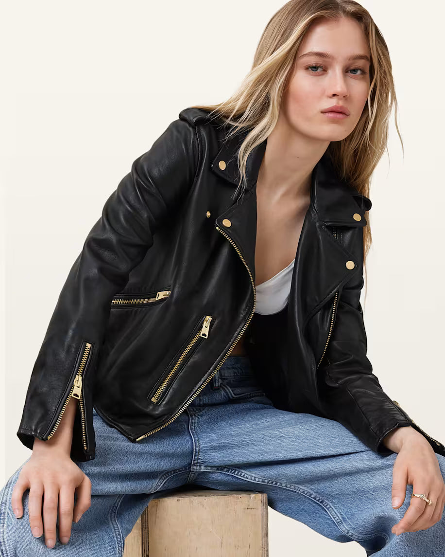 Black Genuine Leather Biker Jacket with Gold Zips