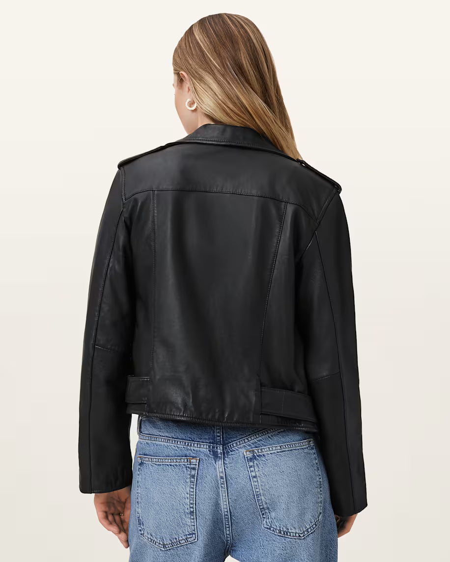 Black Genuine Leather Biker Jacket with Gold Zips