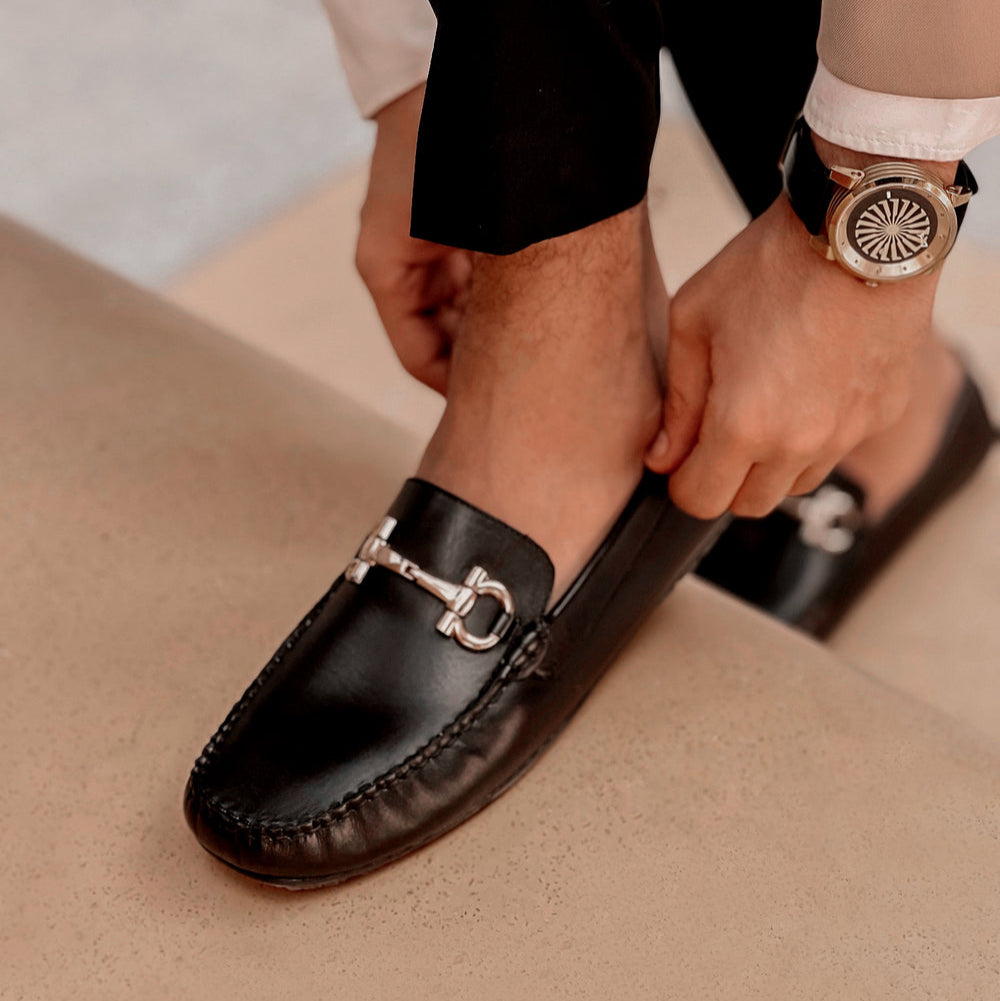 Black Leather Loafers for Men – Handmade Slip-On Dress Shoes with Metal Bit