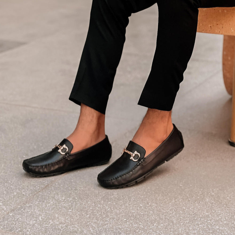 Black Leather Loafers for Men – Handmade Slip-On Dress Shoes with Metal Bit