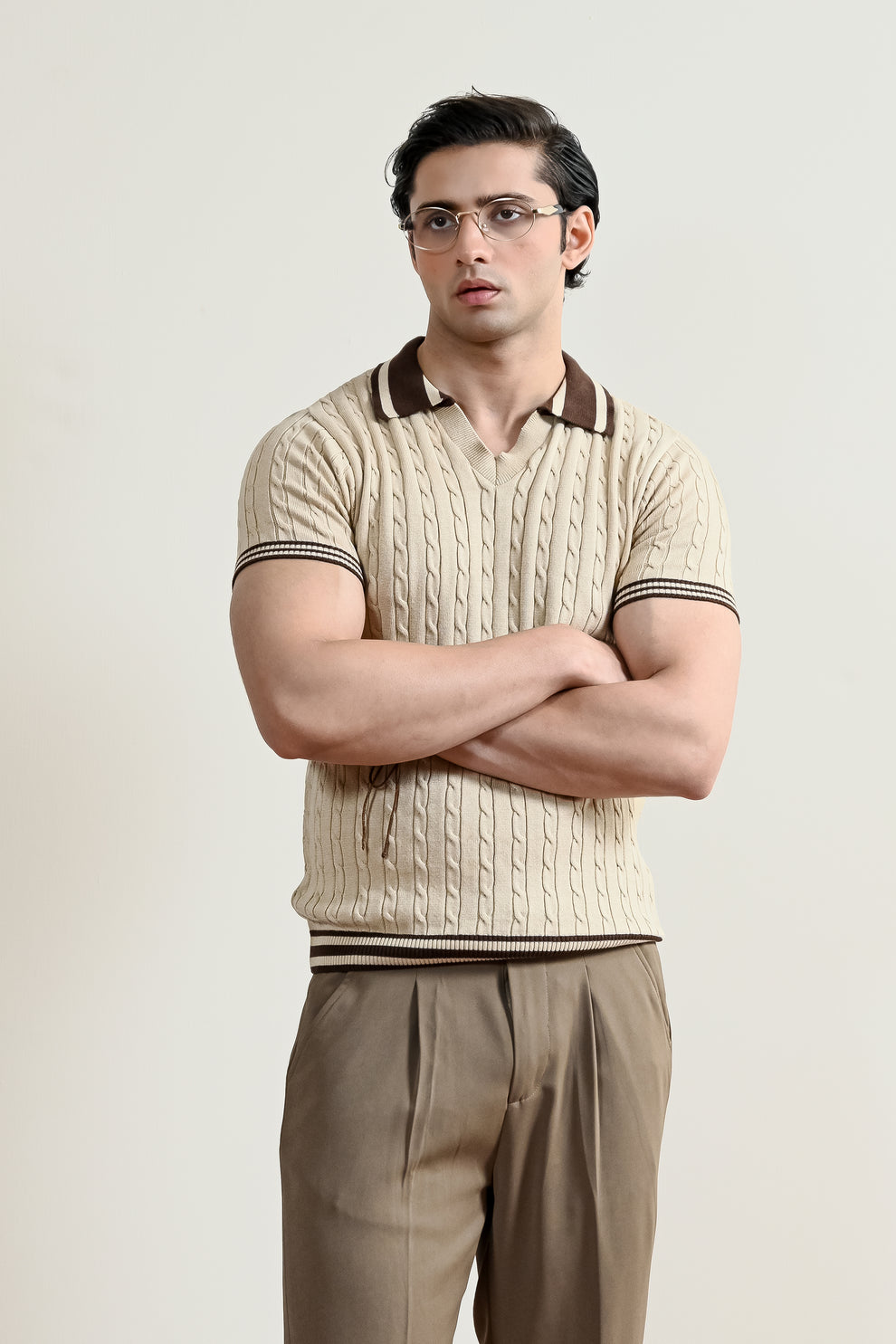 Men's Beige Men’s Heritage Cable-knit Polo – Sand & Espresso styled with chinos, Harmain Leathers