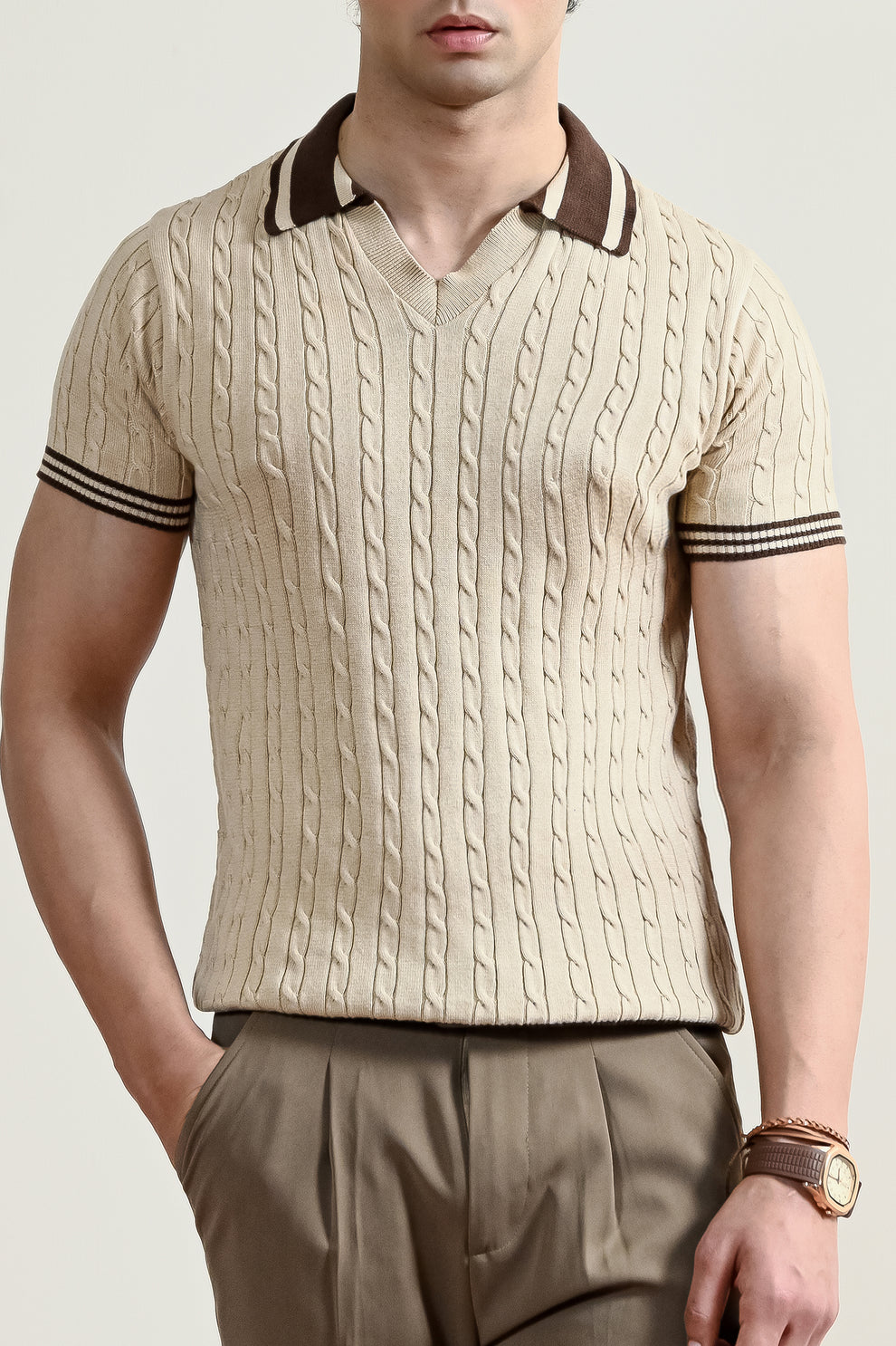 Harmain Leathers Men's Beige Men’s Heritage Cable-knit Polo – Sand & Espresso, front view