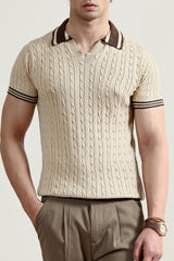 Beige Heritage Cable-knit Polo – Sand & Espresso