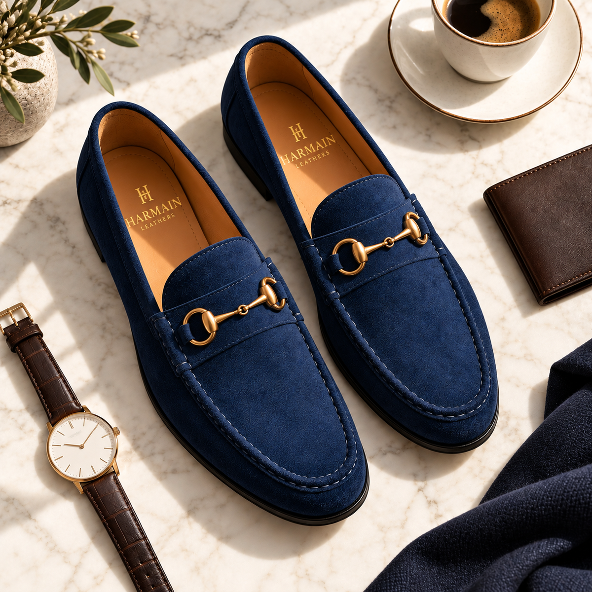 Handcrafted Blue Suede Horsebit Loafers for Men