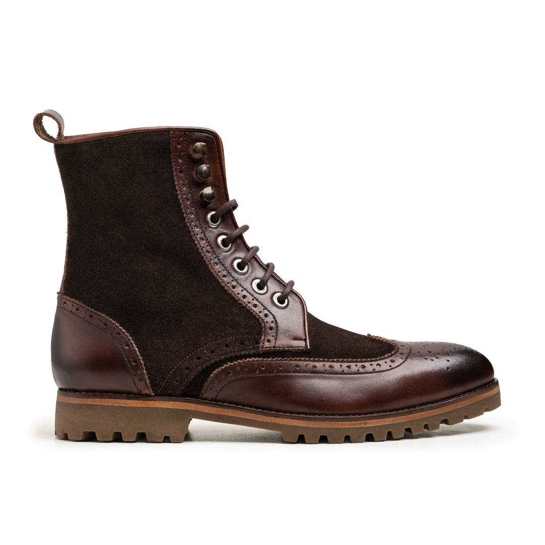 Men's Brown Two-Tone Leather & Suede Brogue Boots - Chunky Sole