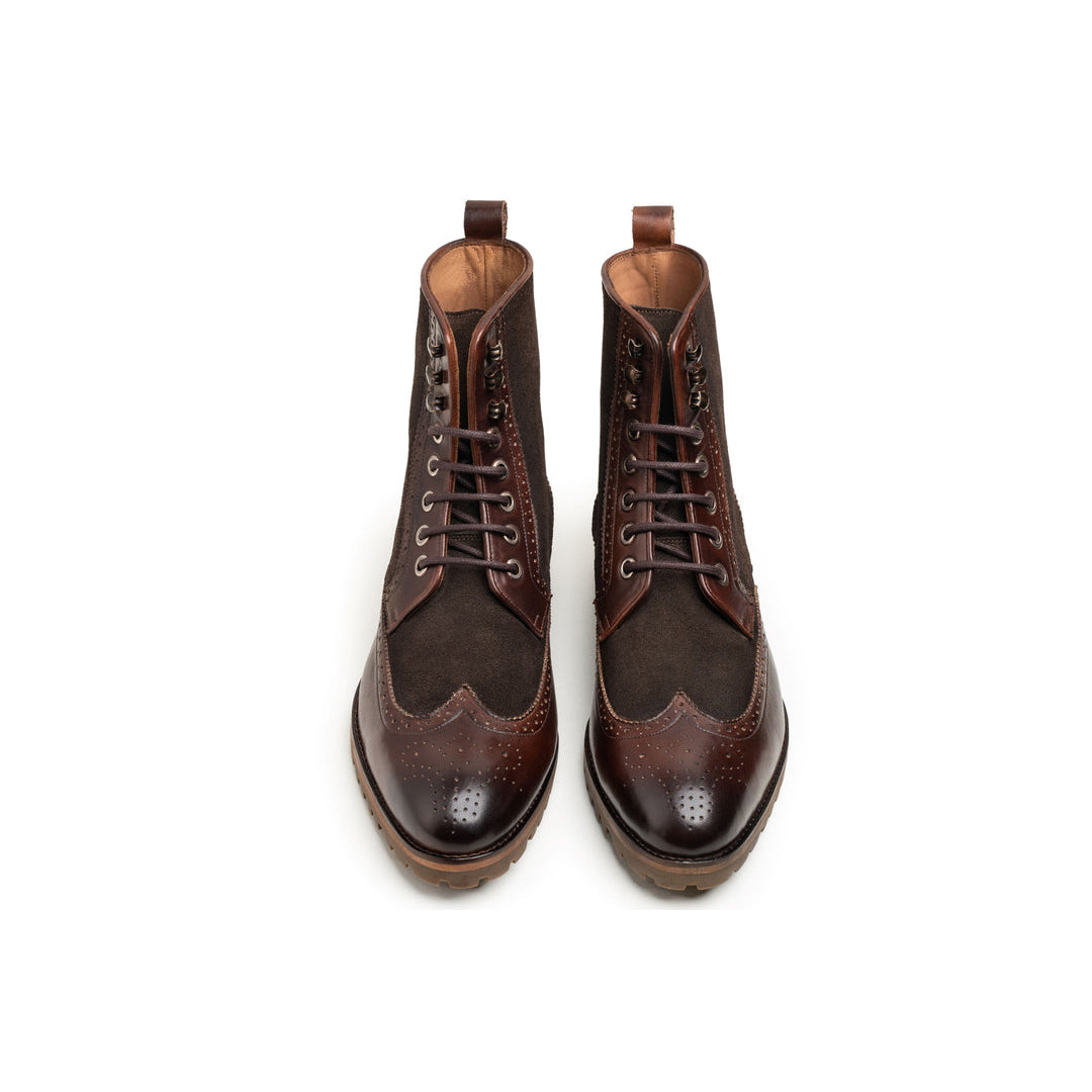 Men's Brown Two-Tone Leather & Suede Brogue Boots - Chunky Sole